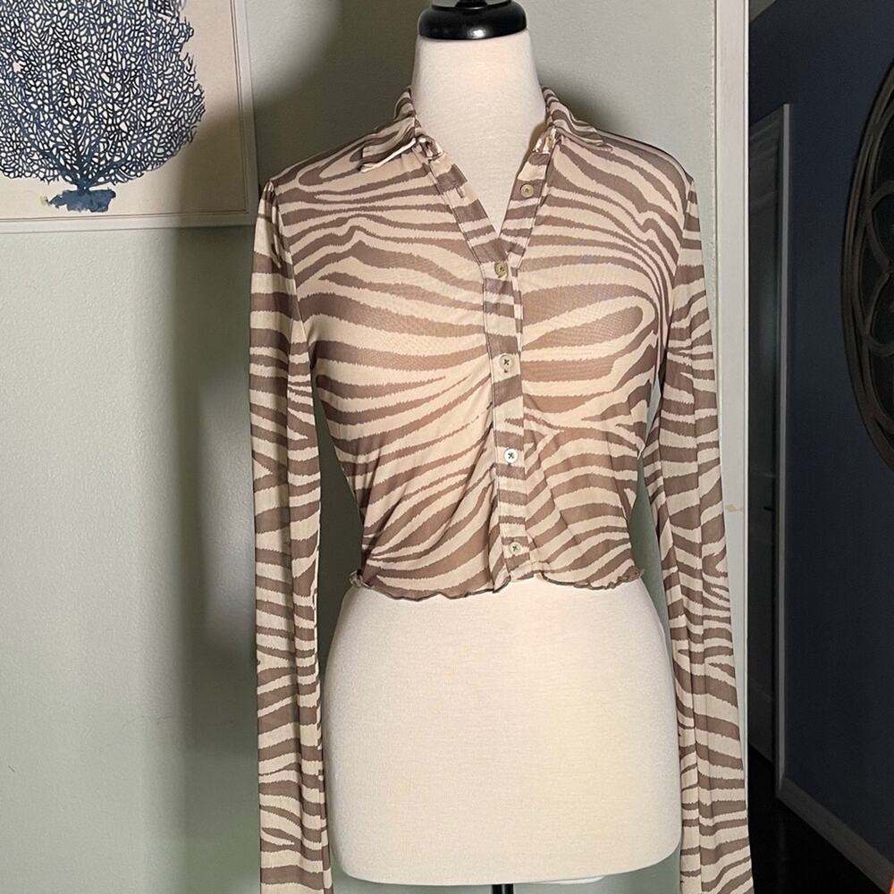 Bershka Tan and Cream Striped Button-Down Shirt